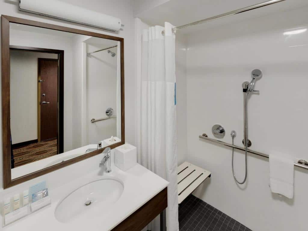 Banheiro com acessibilidade do Hampton Inn Majestic Chicago Theatre District com pia baixa, chuveiro com barra de segurança.