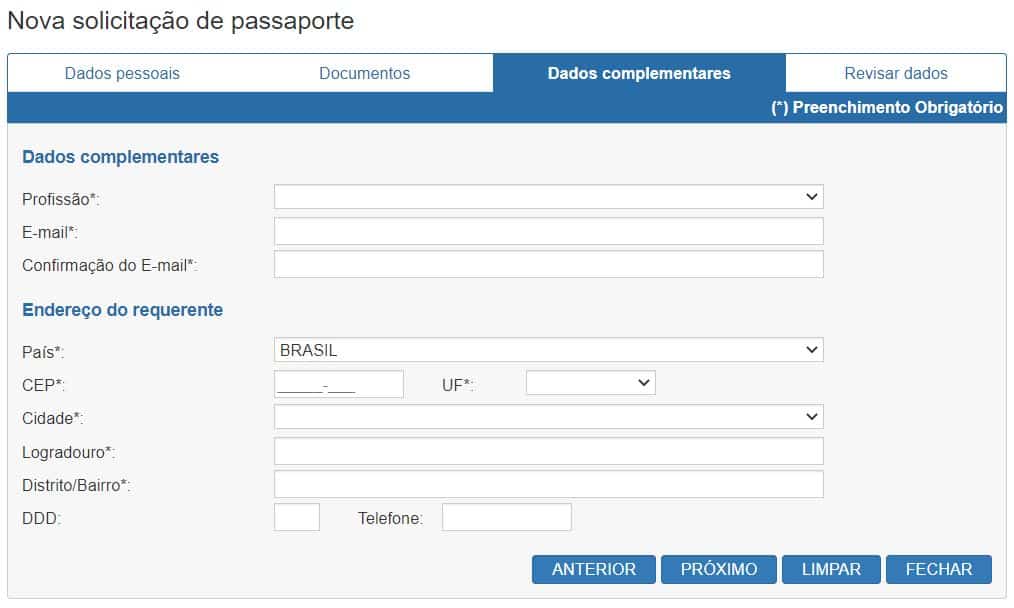 Terceira página do formulário da PF para solicitação do passaporte, onde são preenchidos dados complementares do viajante, tais como a profissão e o endereço, ilustrando o post de como tirar passaporte