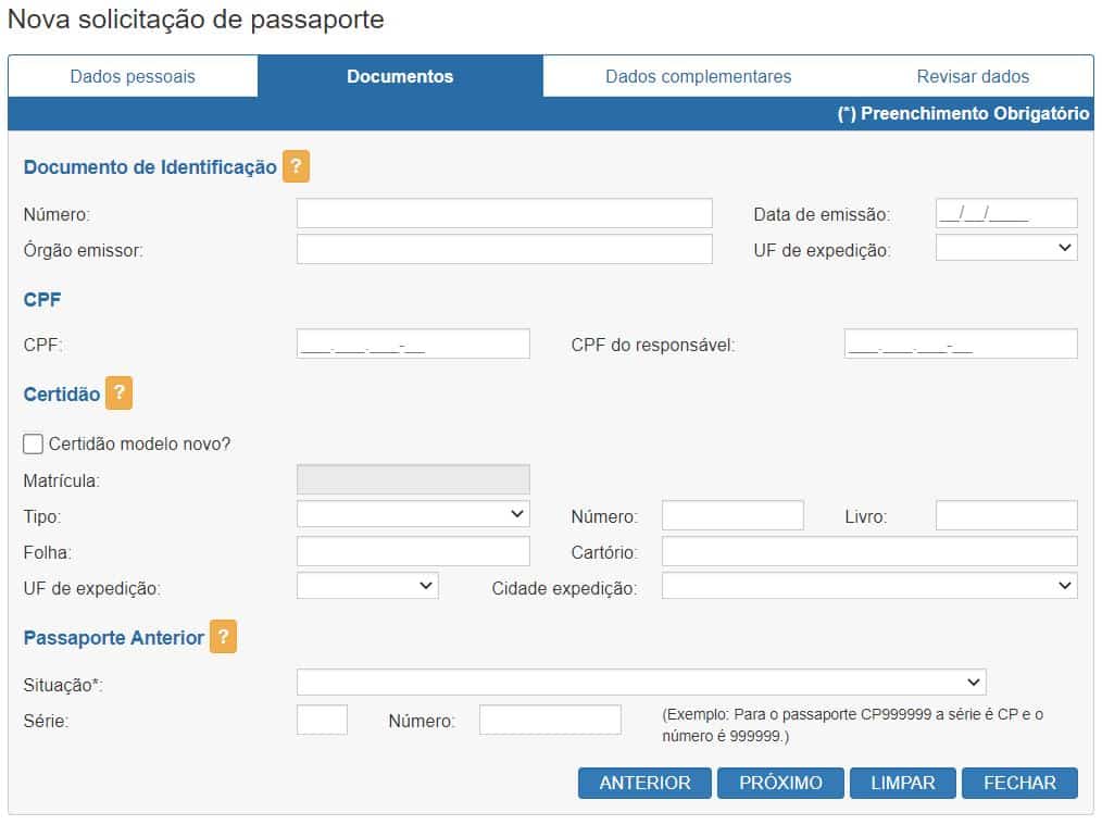 Segunda página do formulário da PF para solicitação do passaporte, onde são preenchidas as documentações do viajante, ilustrando o post de como tirar passaporte