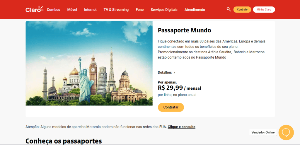 print da tela do Passaporte Claro com detalhes em vermelho, mostrando algumas das opções e uma montagem com pontos turísticos de vários países no passaporte Mundo