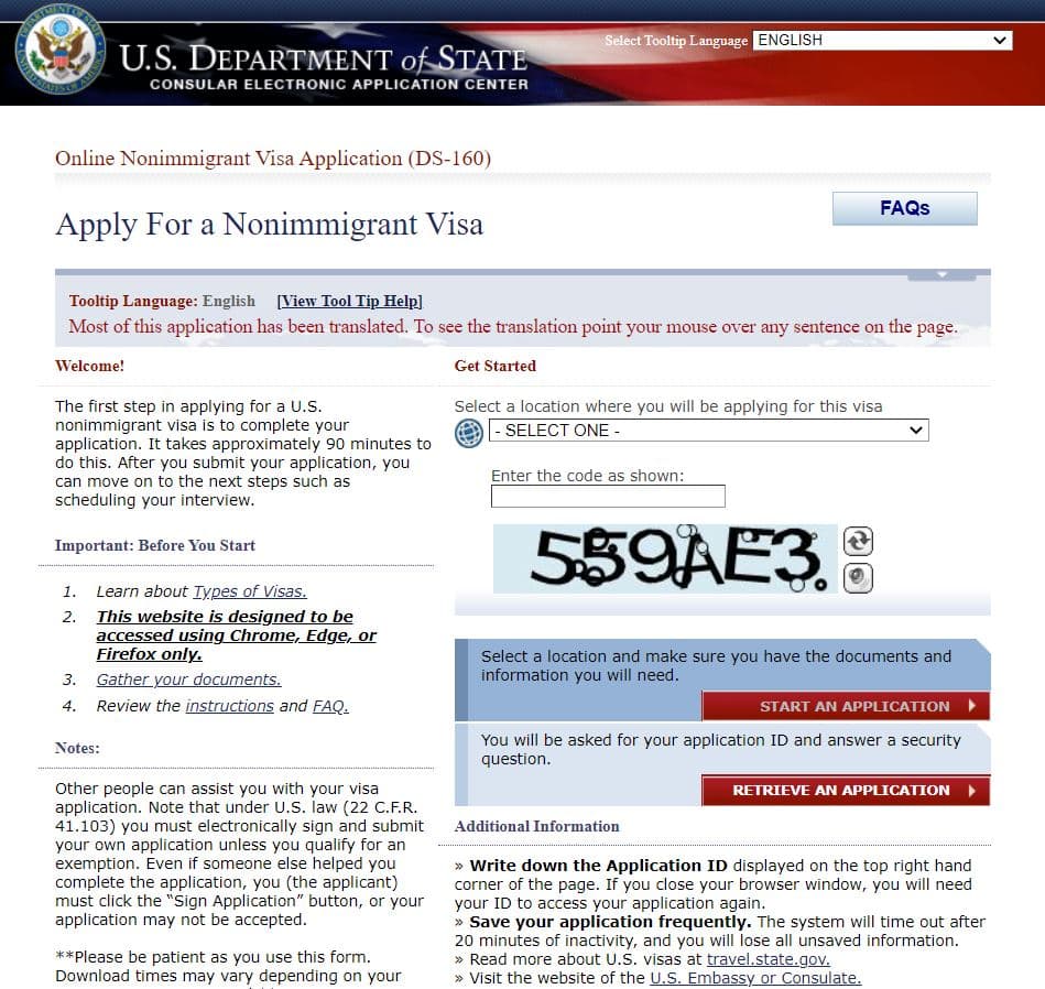Primeira página do site do consulado americano onde é preenchido o formulário DS-160