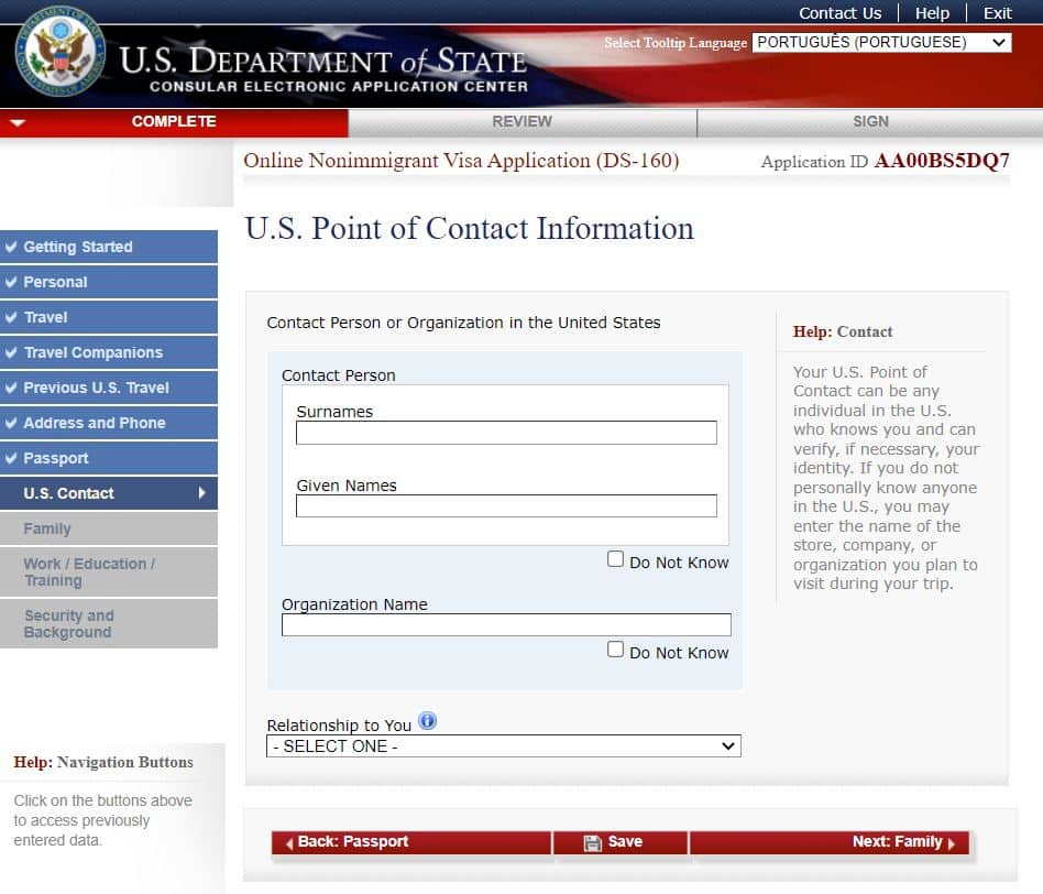 Página do site do consulado americano onde é preenchido o formulário DS-160 na parte de US Point of Contact Information