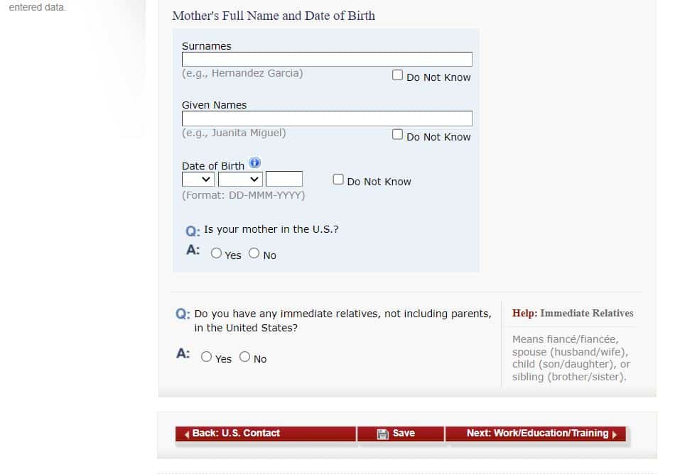 Outra parte da página do site do consulado americano onde é preenchido o formulário DS-160 na parte de Family Information