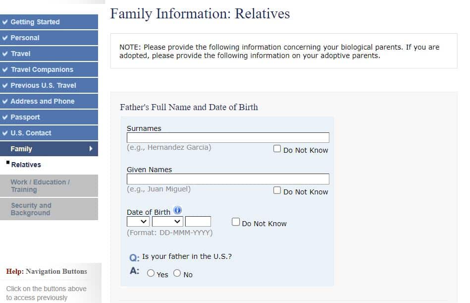 Página do site do consulado americano onde é preenchido o formulário DS-160 na parte de Family Information