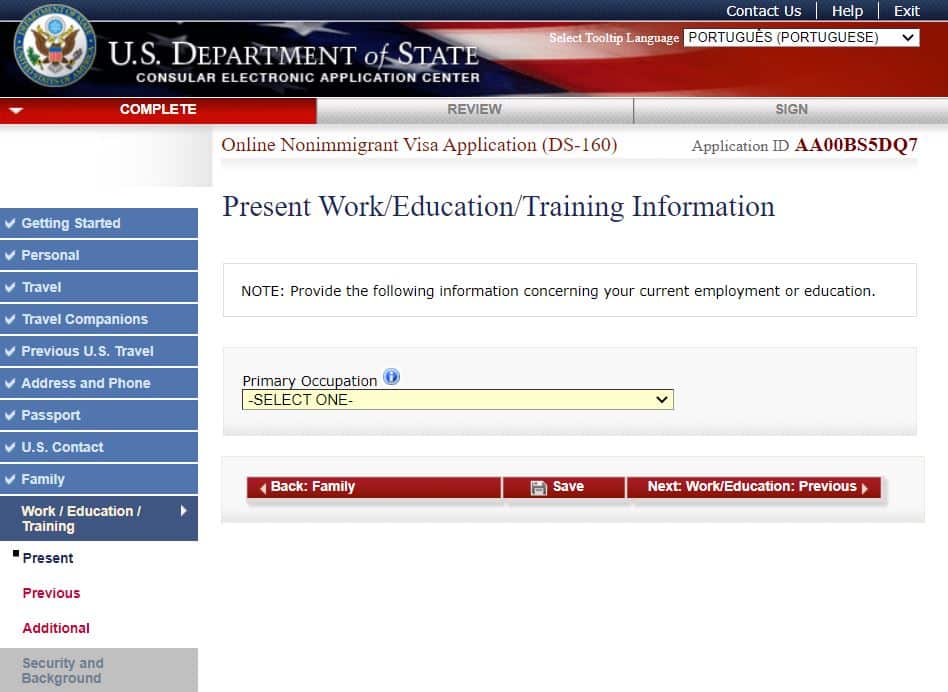 Página do site do consulado americano onde é preenchido o formulário DS-160 na parte de Work, Education ou Training Information