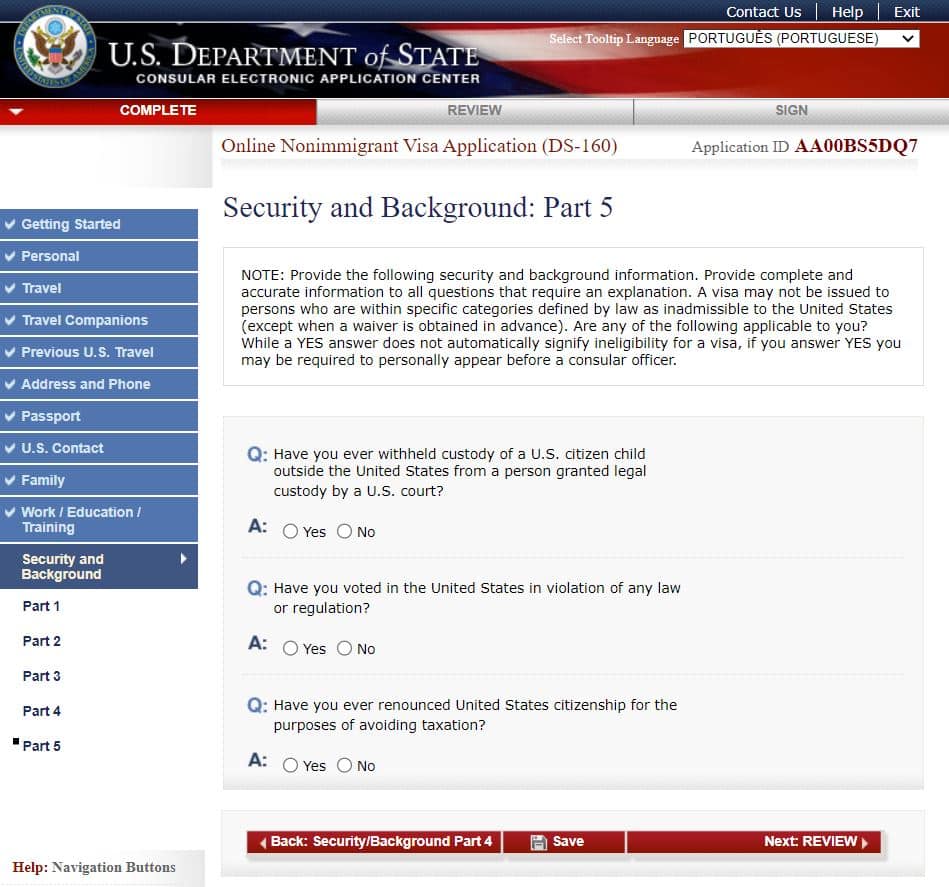 Página do site do consulado americano onde é preenchido o formulário DS-160 na parte de Security and Background: Part 5
