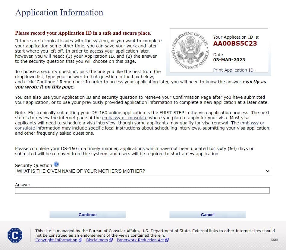 Parte de baixo da primeira página de preenchimento da DS-160, onde está o Application ID e a pergunta e a resposta de segurança do aplicante