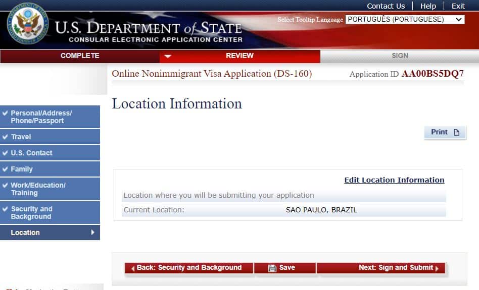 Página do site do consulado americano onde é preenchido o formulário DS-160 na parte de revisão da localização
