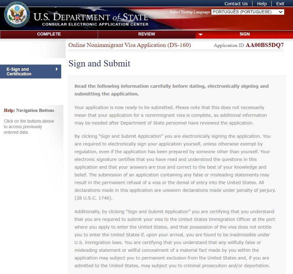 Página do site do consulado americano onde é preenchido o DS-160 na parte de envio do formulário
