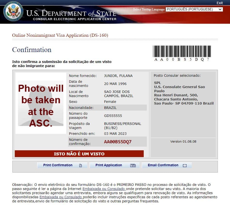 Página do site do consulado americano onde é preenchido o DS-160 na parte da página de confirmação