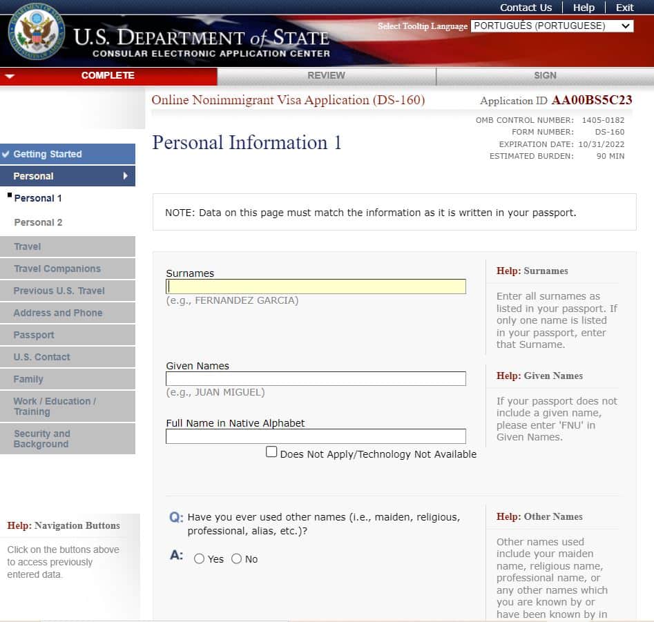 Página do site do consulado americano onde é preenchido o formulário DS-160 na parte de Personal Information 1