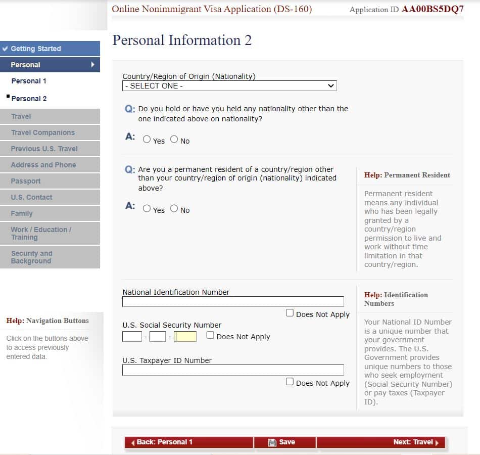 Página do site do consulado americano onde é preenchido o formulário DS-160 na parte de Personal Information 2