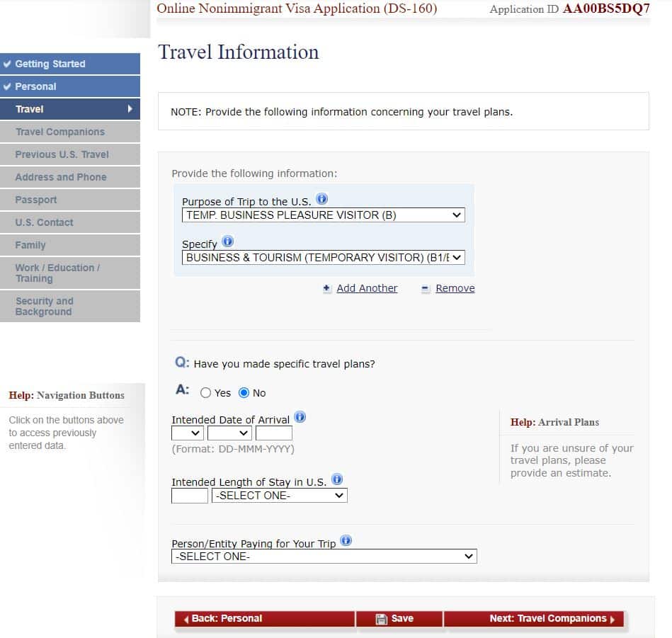 Página do site do consulado americano onde é preenchido o formulário DS-160 na parte de Travel Information