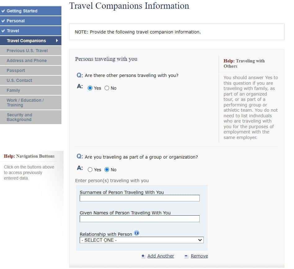 Página do site do consulado americano onde é preenchido o formulário DS-160 na parte de Travel Companions Information