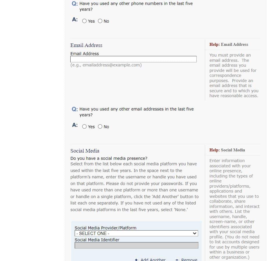 Outra parte da página do site do consulado americano onde é preenchido o formulário DS-160 na parte de Address and Phone Information
