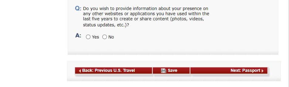 Parte final d página do site do consulado americano onde é preenchido o formulário DS-160 na parte de Address and Phone Information