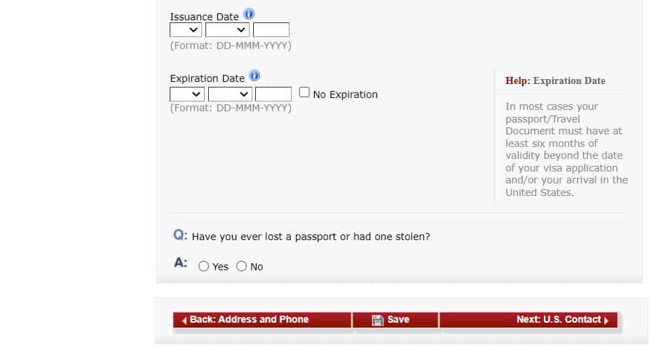 Outra página do site do consulado americano onde é preenchido o formulário DS-160 na parte de Passport Information