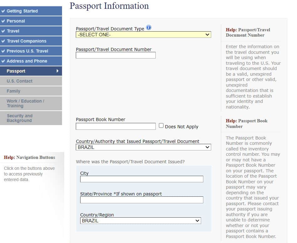 Página do site do consulado americano onde é preenchido o formulário DS-160 na parte de Passport Information