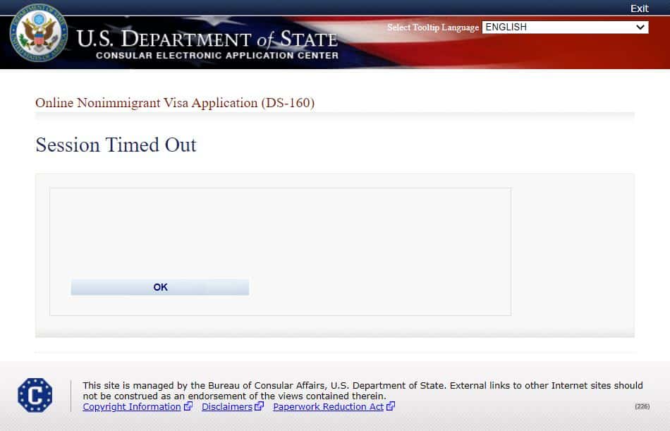 Página do site do consulado americano onde é preenchido o DS-160 quando cai a conexão do site