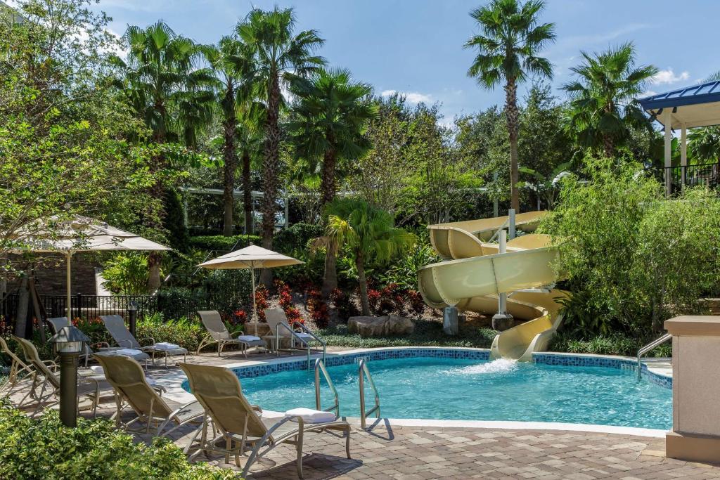 tobogã sinuoso que chega até uma piscina arredondada com muitas árvores ao redor e cadeiras de praia em Hyatt Regency Orlando