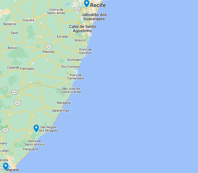 Mapa do Google Maps mostrando a parte do litoral de Maceió (no sul) a Recife (no norte). Serve para mostrar a localização de São Miguel dos milagres, que fica entre os estados