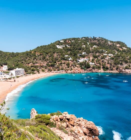 Uma baía de água azul clara com areia clara cercado por muito verde em Cala San Vicente, para rperesentar verão em Ibiza