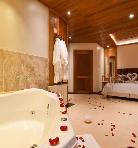 quarto da pousada boro em Gramado mostrando uma banheira de hidromassagem no canto inferior esquerdo e uma cama de casal com toalhas e formato de cisnes em cima, no canto superior direito