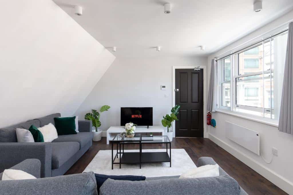 Sala do homely – Central London Liverpool Street Apartments com uma janela com cortinas, dois sofás com almofadas, uma televisão, dois vasos de plantas e uma mesa de centro
