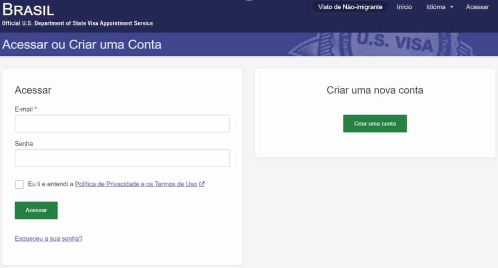Área de login do site oficial do departamento de vistos dos EUA, com cabeçalho escrito "Brasil" e "Official US Department of State Visa Appointment Servive"