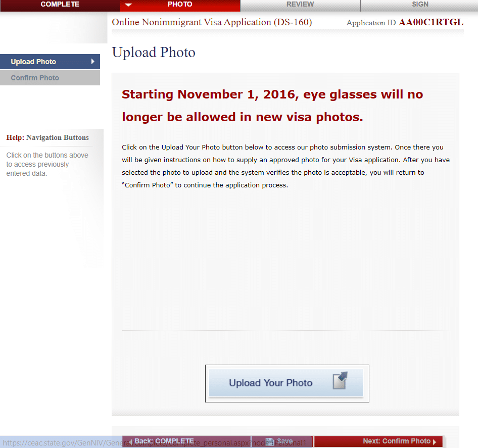 Página do site do consulado americano onde é solicitada uma foto aos requerentes de visto que optam pelos Consulados de Recife ou de Porto Alegre