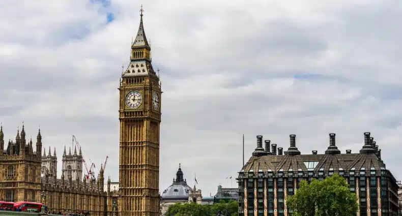 Prédio histórico do Palácio de Westminster e a torre do relógio, há uma ponte na frente cortando o rio Tâmisa, para representar hotéis perto do Big Ben em Londres