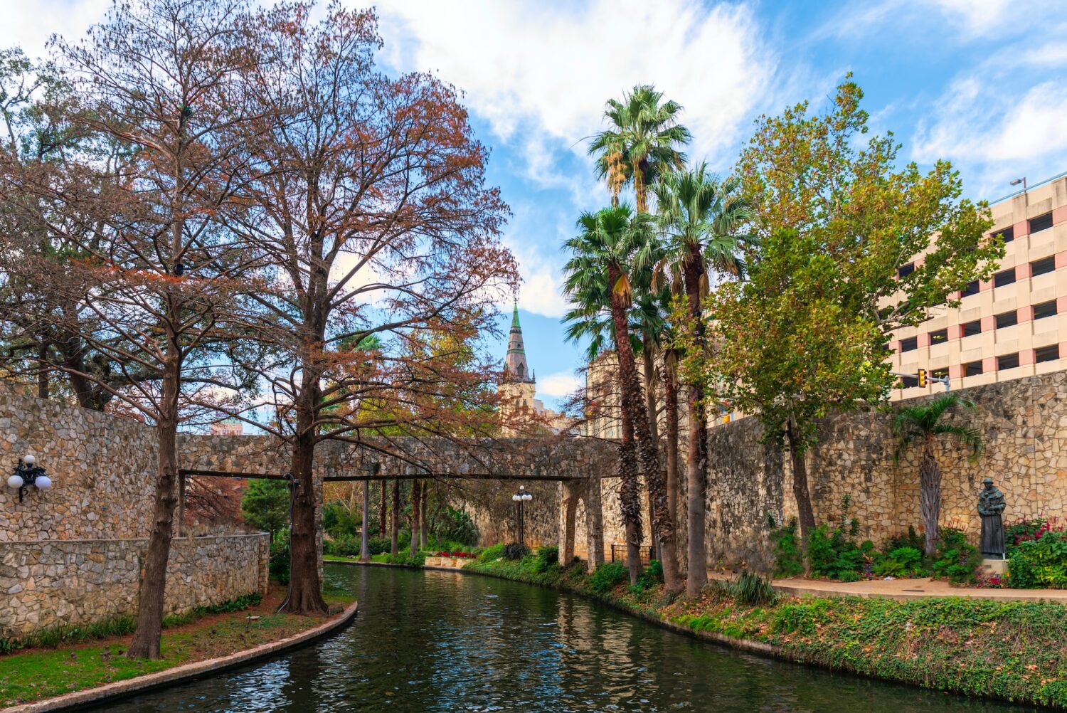 Um amplo canal com árvores nos arredores e uma ponte de pedra passando por cima das águas, para representar San Antonio (Texas)