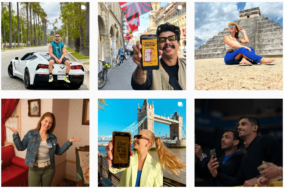 Print do feed do Instagram da Sim Premium, mostrando fotos de várias pessoas usando o chip ou eSIM Premium pelo mundo.