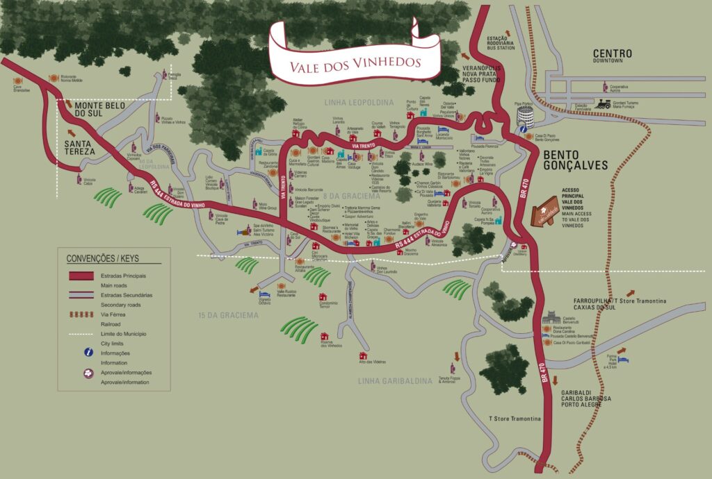 Mapa do Vale dos Vinhedos, em PDF, salvo de QR code do mapa disponível na entrada de um prédio da vinícola Miolo, com caminhos em vermelho e indicações das localizações de algumas vinícolas da região