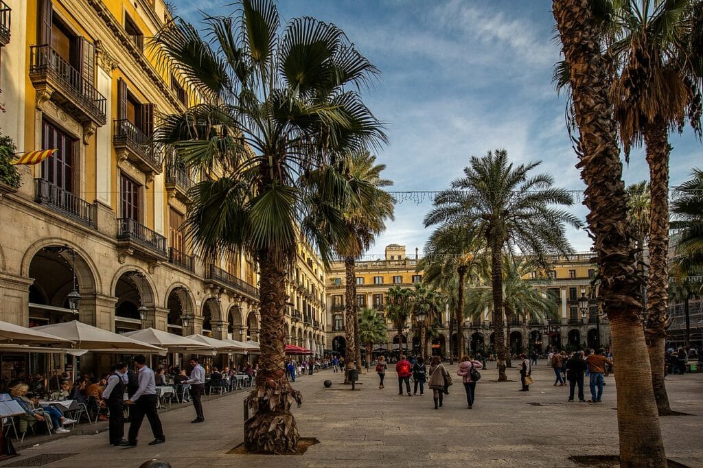 Praça com palmeiras para ilustrar o post sobre aluguel de carro em Barcelona. Prédios antigos ladeiam a praça, e pessoas caminham pelo local ou estão sentadas em mesas com guarda-sol perto dos prédios. - Foto: Wolfgang Weber via Wikimedia Commons