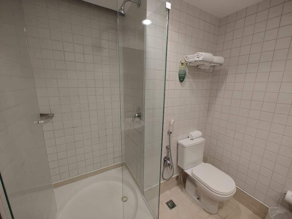 box de vidro transparente do banheiro, no lado esquerdo da imagem. No lado oposto é possível ver o vaso sanitário e a ducha higiênica.