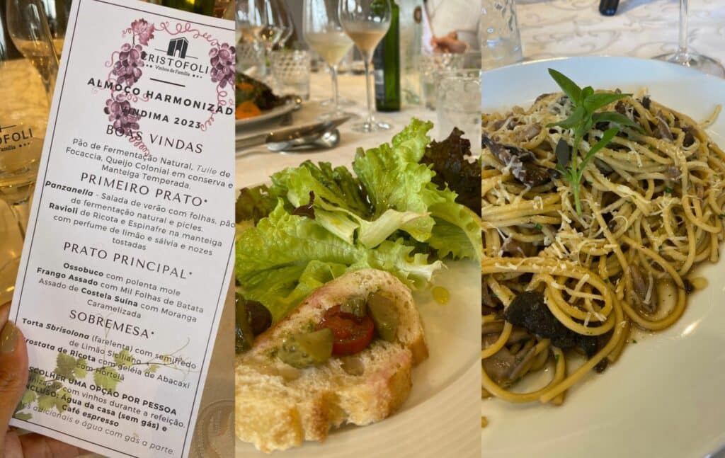 Montagem com três fotos do almoço harmonizado na vinícola Cristofoli: o primeiro mostra o cardápio, o segundo um pedaço de pão e salada, e o terceiro é um macarrão com cogumelos