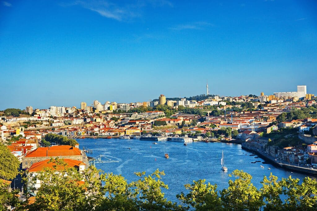 Vista da Douro durante o dia com o rio ao centro e do dois lados do rio casas.