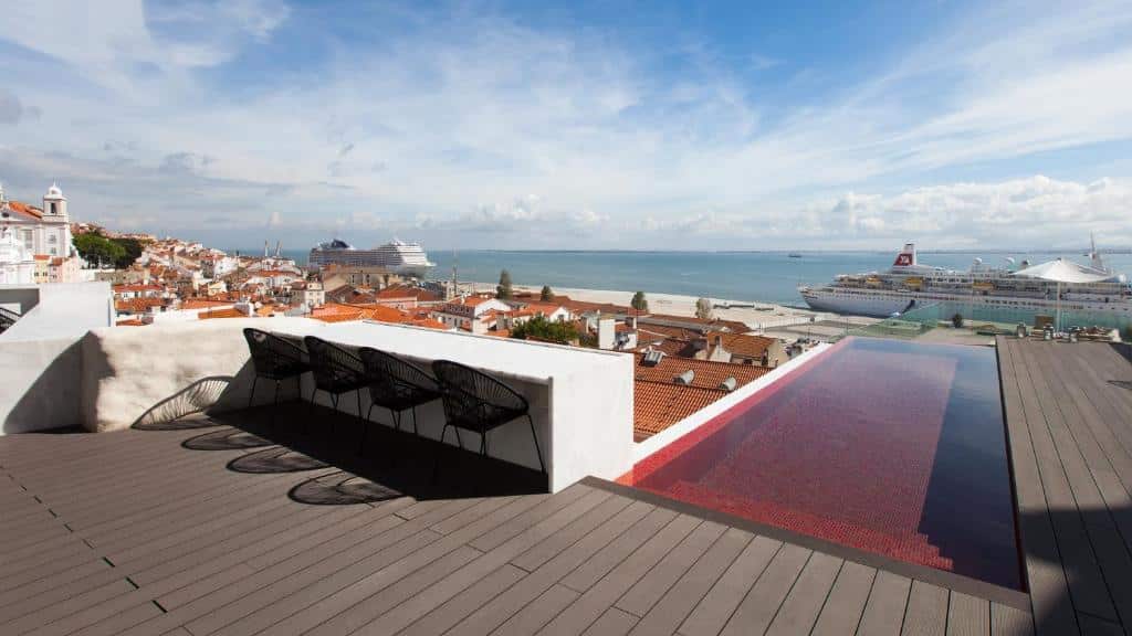 Piscina na cobertura do Memmo Alfama - Design Hotels com vista para o Rio Tejo, há um pequeno deck ao redor com algumas cadeiras, para representar hotéis no centro de Lisboa