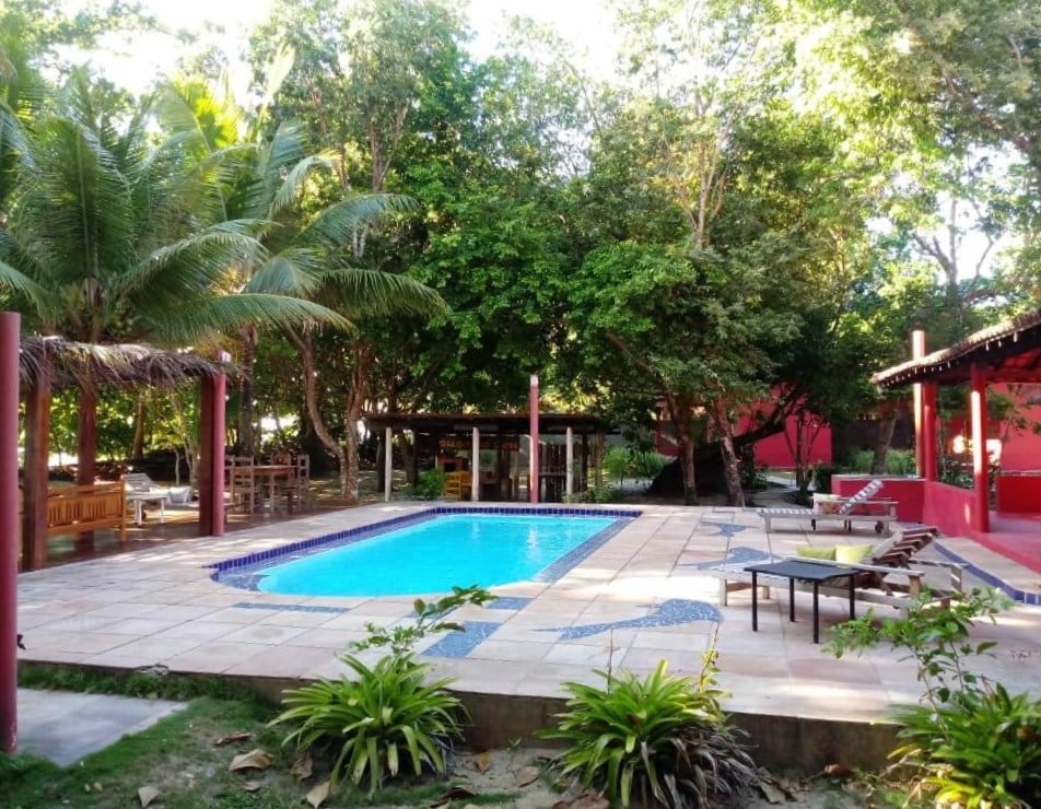 Piscina da Pousada Zen. Uma piscina no meio, do lado direito cadeiras de tomar sol de madeira. No lado esquerdo bancos e mesas de madeira. Ao redor várias árvores.