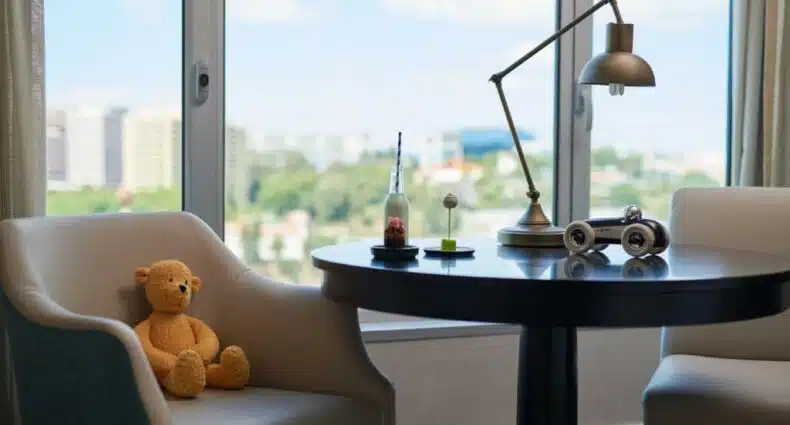 Quarto do Corinthia Lisbon com uma janela dando vista para um área verde, perto dela há uma poltrona com um ursinho de pelúcia em cima, além de um carrinho de ferro na mesinha ao lado, para representar hotéis para família em Lisboa