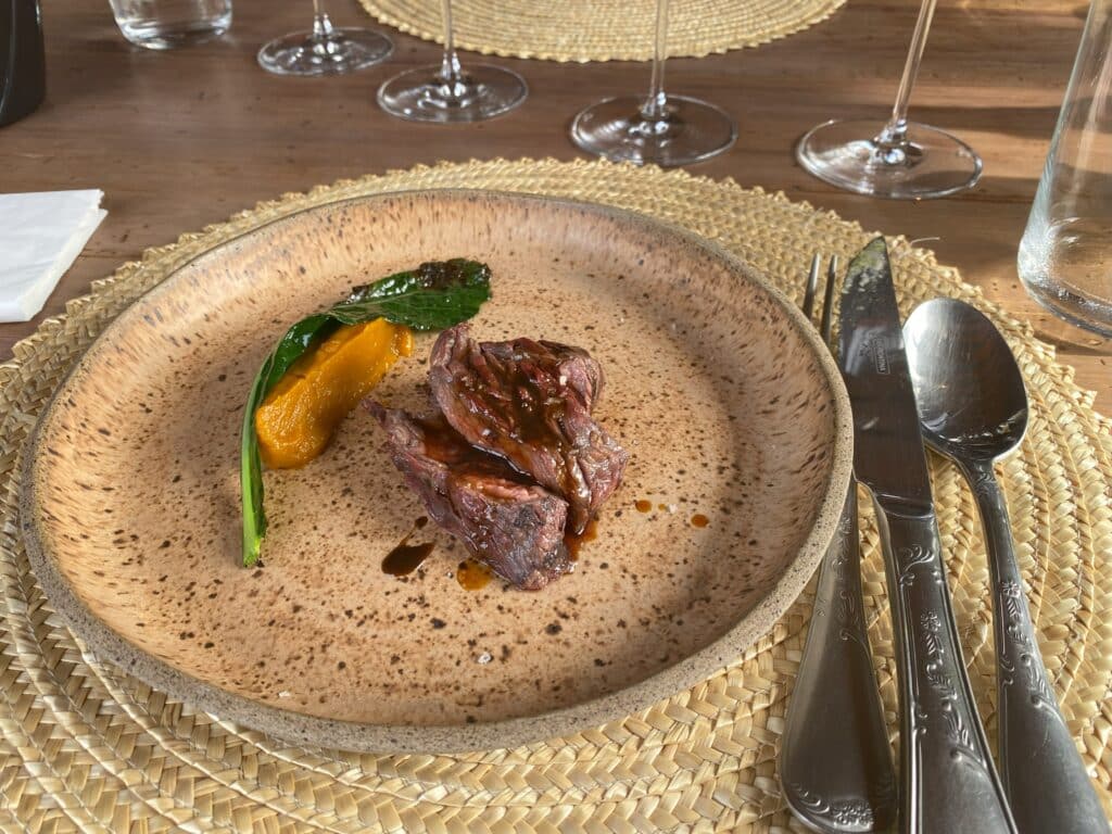 Prato de cerâmica com pedaços de carne e abóbora cabotiá, no Apino, um dos restaurantes em Bento Gonçalves, com talheres ao lado direito