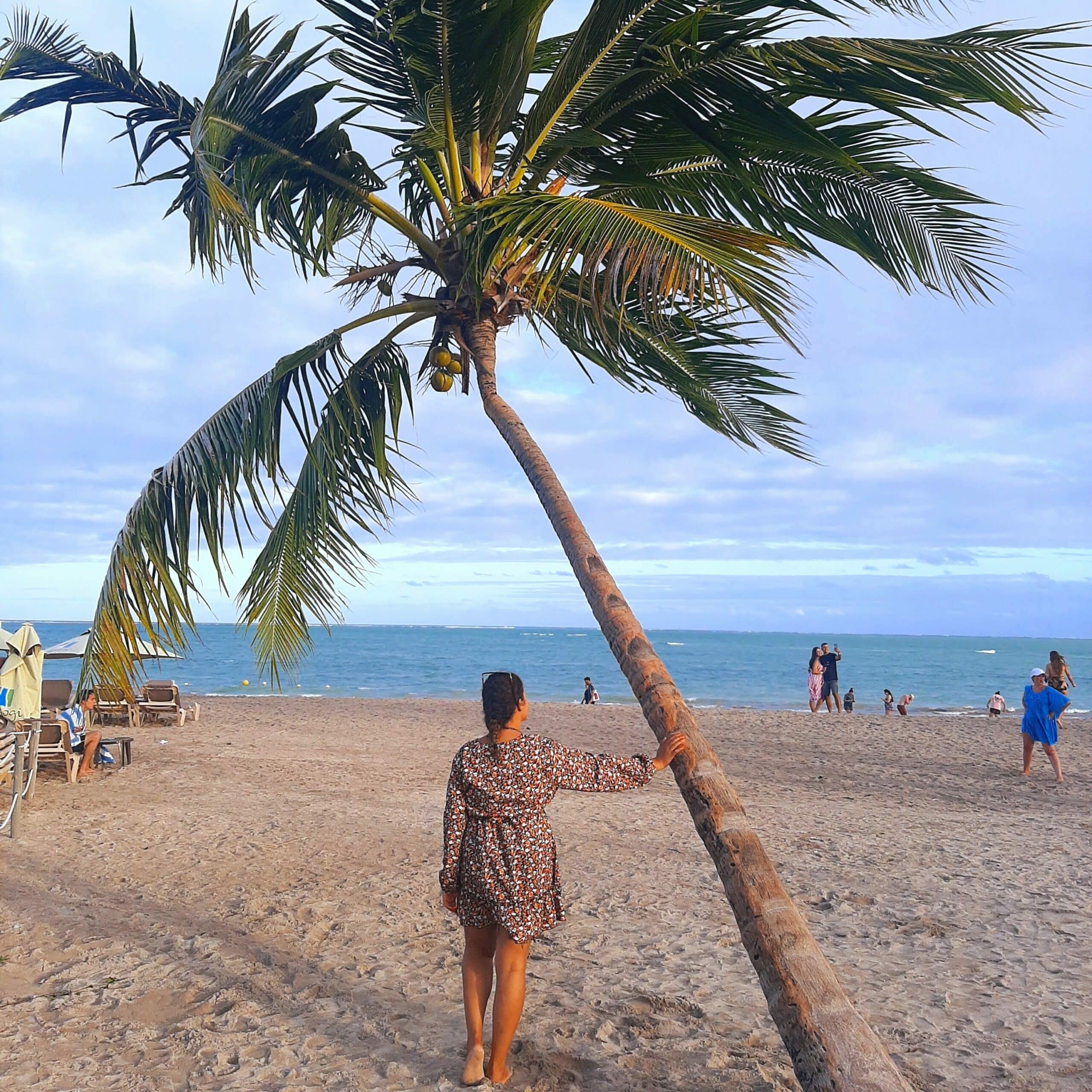Mulher, de costas, com uma das mãos encostada em um coqueiro olhando para a praia de Antunes, em Maragogi