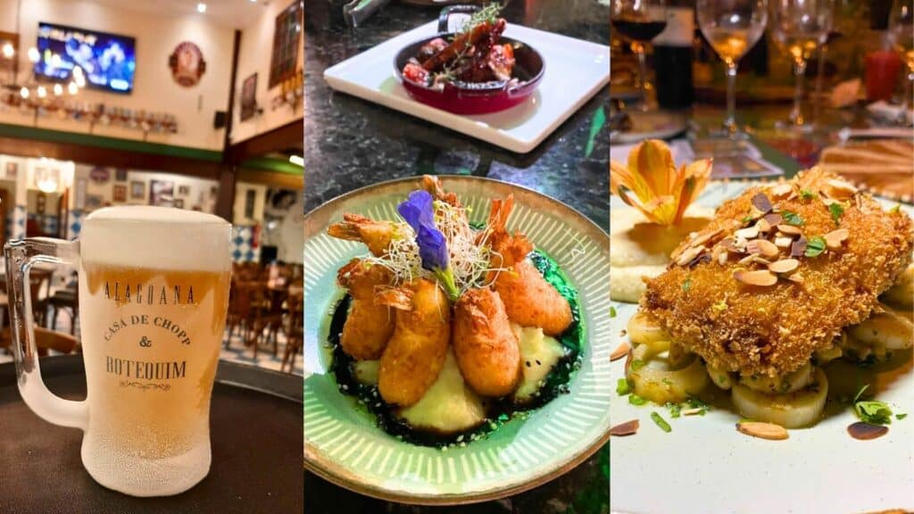 Edição de três fotos com opções gastronomicas em Marechal Deodoro. A primeira (à esquerda) é um copo de chopp, a segunda (meio) é um prato com camarões e outro ao fundo com lula, e o último (à direita) é um prato com frango grelhado, cebolas e purê 