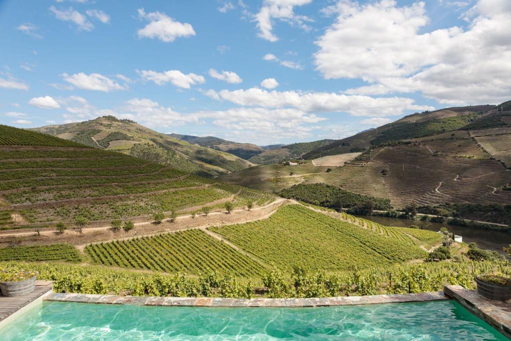 Vista da piscina do Quinta Nova Winery House – Relais & Châteaux durante dia, com piscina a frente com vista para as vinhas.