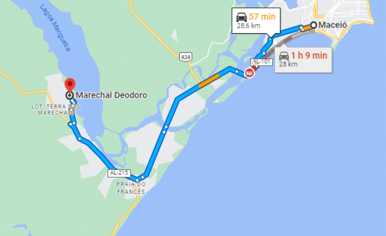 Print do Google Maps mostrando o trajeto de Maceió até Marechal Deodoro, sendo os destinos vizinho e com uma distãncia de 28 km e um percurso de 1 hora de distância