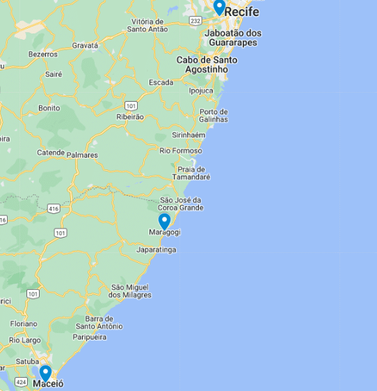 Mapa mostrando o litoral do nordeste, onde mais ao sul tem Maceió, Maragogi no meio, e Recife ao norte
