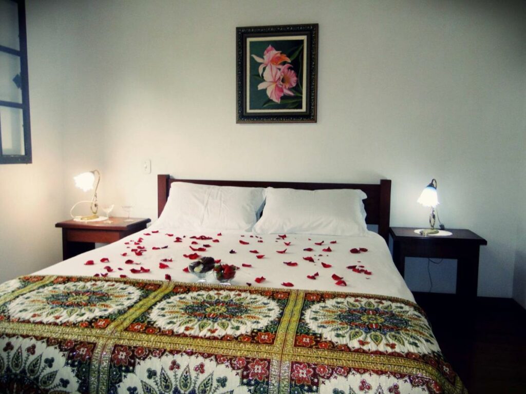 Um quarto na Pousada Bonani, em Itanhandu. A cama é de casal e está com pétalas de rosa sobre a cama. Há uma cama de cabeceira com abajur nos dois lados da cama. Um quadro com uma flor acima da cama está decorando a parede.