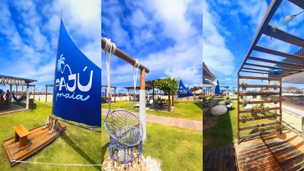 Colagem de três fotos de um quiosque na praia do Gunga. A primeira é de uma escultura de madeira no formato de um barco de vela com uma bandeira azul escrito "Pajú Praia". A segunda (ao meio) é de um balaço com diversos quiosques num gramado do Pajú Praia à beira-mar. A terceira foto (à direita) é da ducha do quiosque com flores penduradas, puffs espalhados atrás e a praia ao fundo