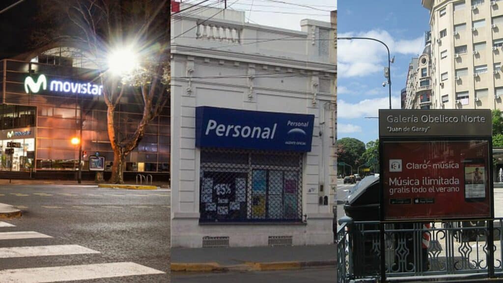 Colagem de três fotos de lojas de telegonia na Argentina. A primeira é da loja Movistar iluminada em uma noite de Buenos Aires, a segund (meio) é da Personal localizada em um prédio histórico, e a terceira (à direita) é de uma placa da Claro em uma rua de Buenos Aires